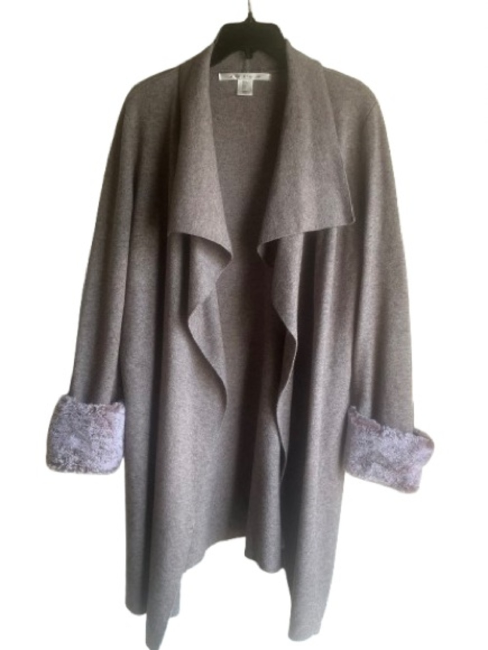 MAX STUDIO Tan Beige Open Front Drape Cardigan Faux Fur Cuffs Medium